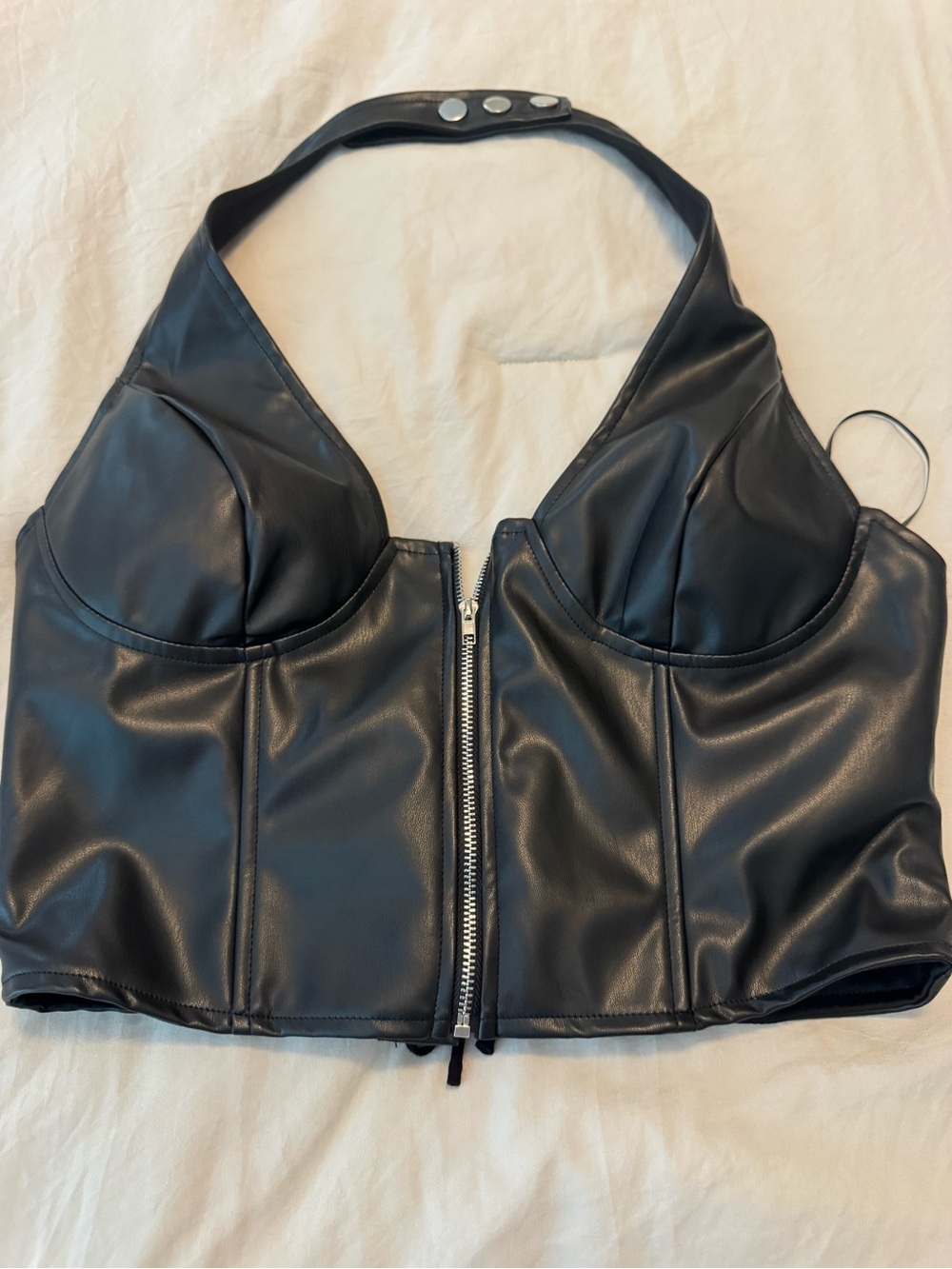 Fashion Nova Black Faux Leather Zip Front Halter Bustier Top
